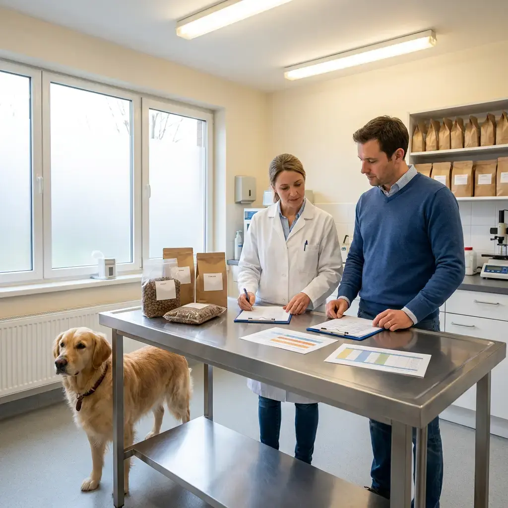 Veterinarian and researcher discussing an AAFCO feeding trial with a dog and dog food in a laboratory.