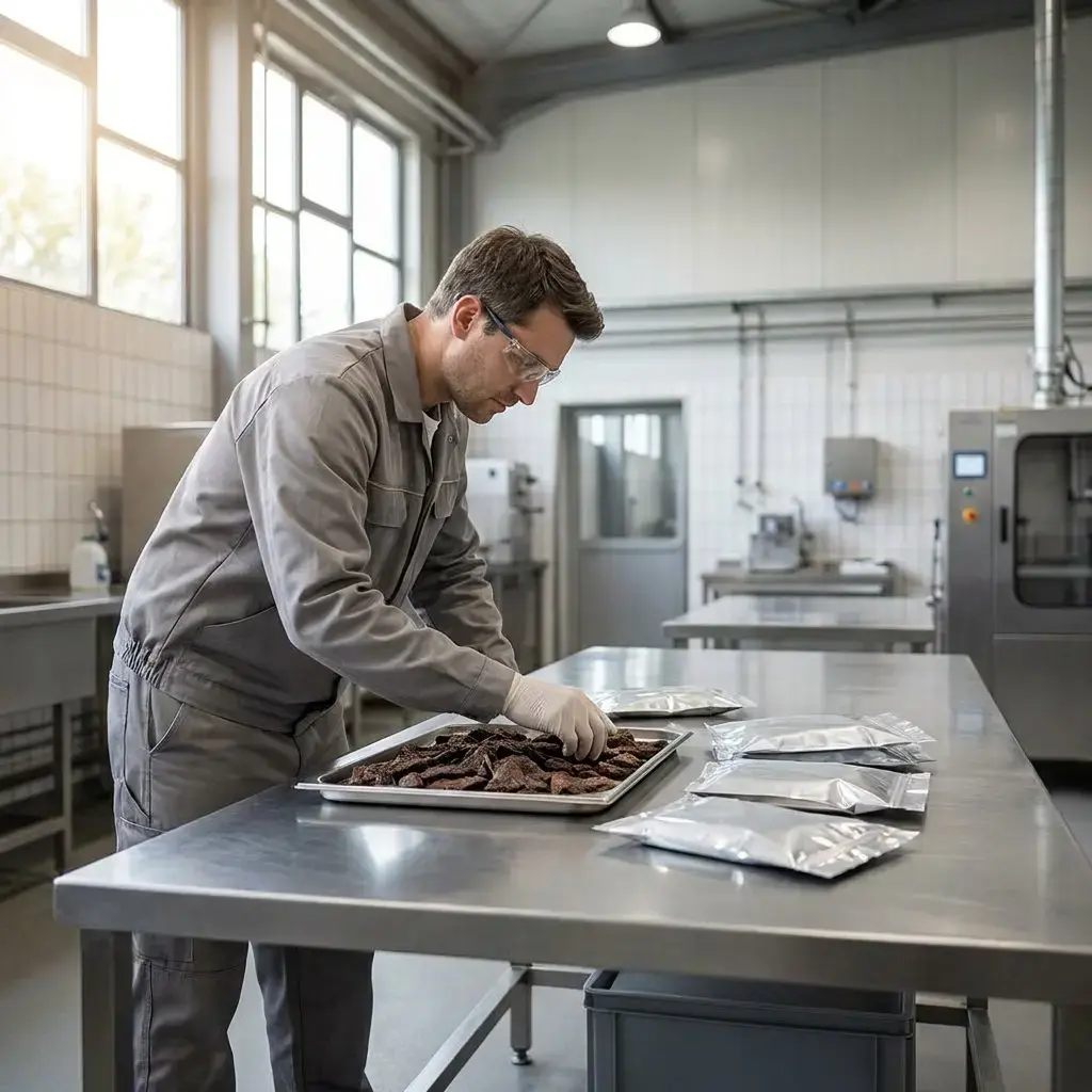 Technician inspecting air-dried dog food samples in a pet food production facility.