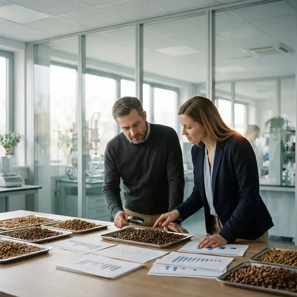 Twee professionals beoordelen stalen van dierenvoeding en analyseren de kwaliteit aan de hand van onderzoeksresultaten.