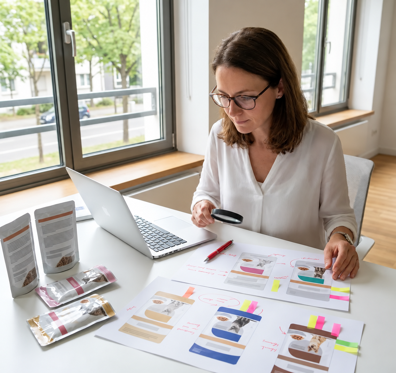 Business consultant reviewing product packaging and documentation during a quality and compliance assessment.