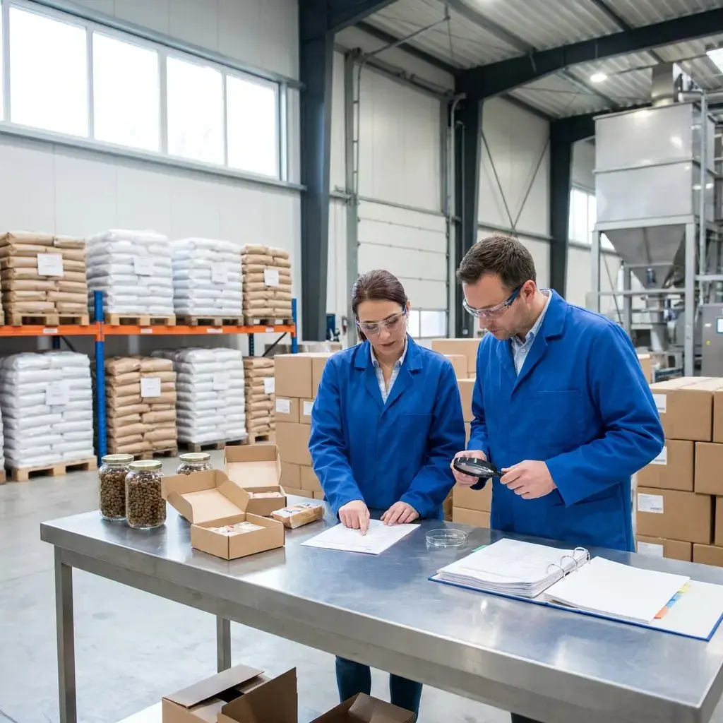 Two pet food sourcing specialists reviewing supplier documentation and product samples in a pet food production and distribution facility.