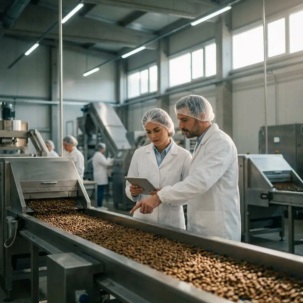 Pet food production experts inspecting manufacturing process in a processing facility