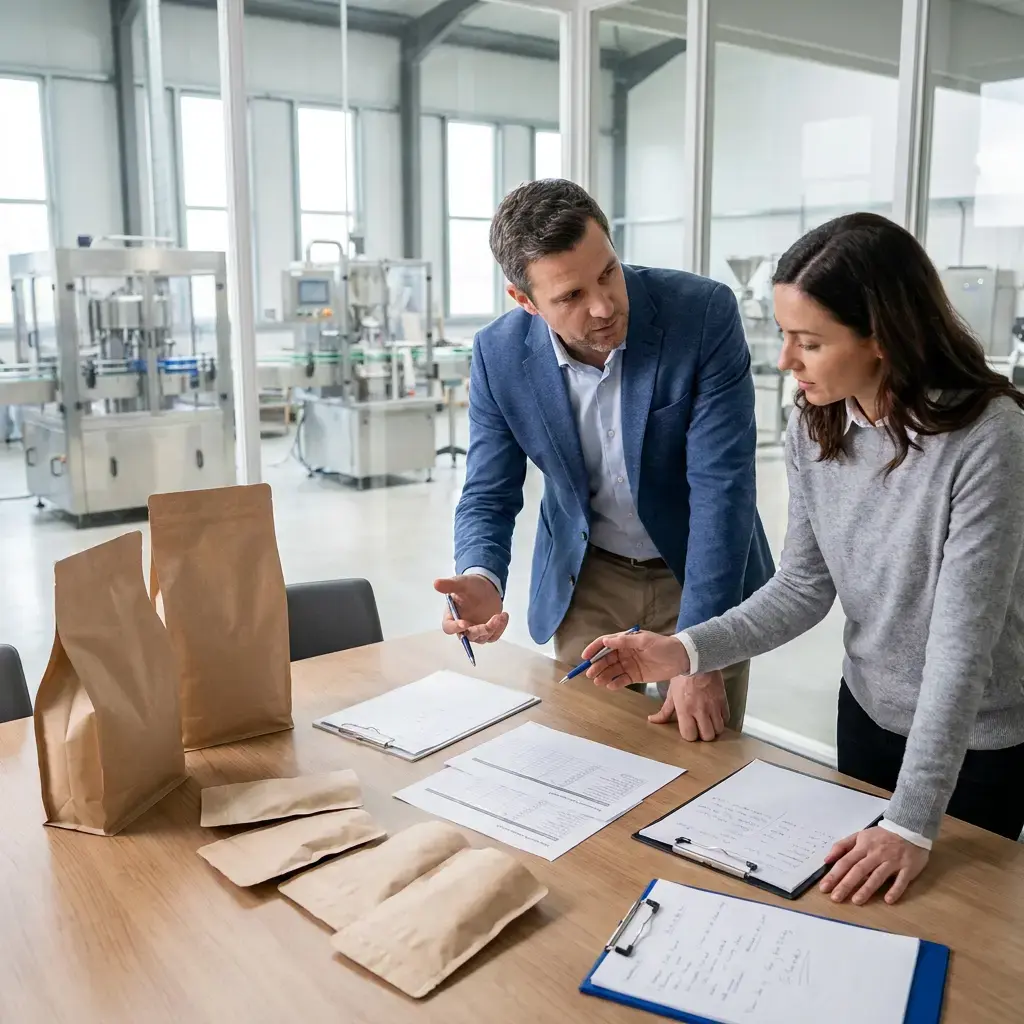 Business consultants reviewing documents and packaging materials in a modern production facility.