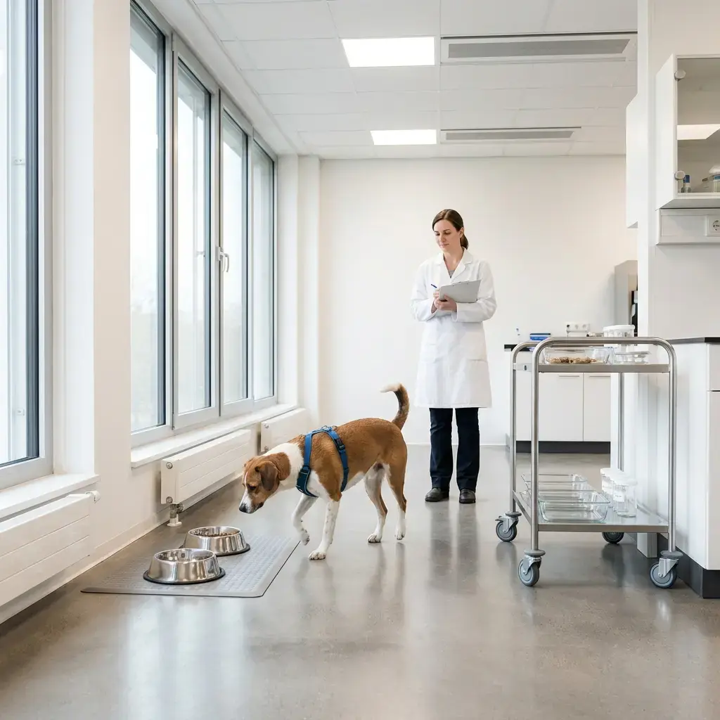 Researcher observing a dog during a pet food feeding trial in a laboratory environment.