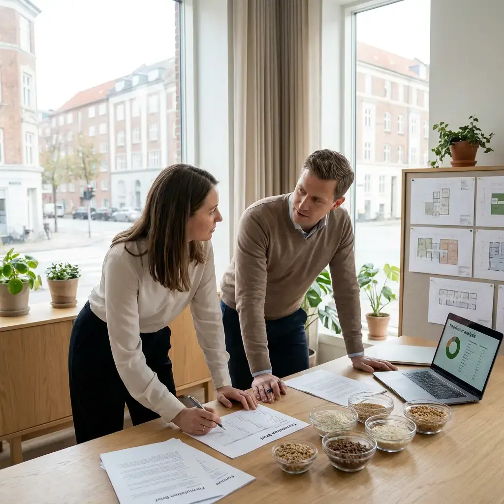 Two pet food professionals reviewing product data and ingredient samples during a product development meeting.