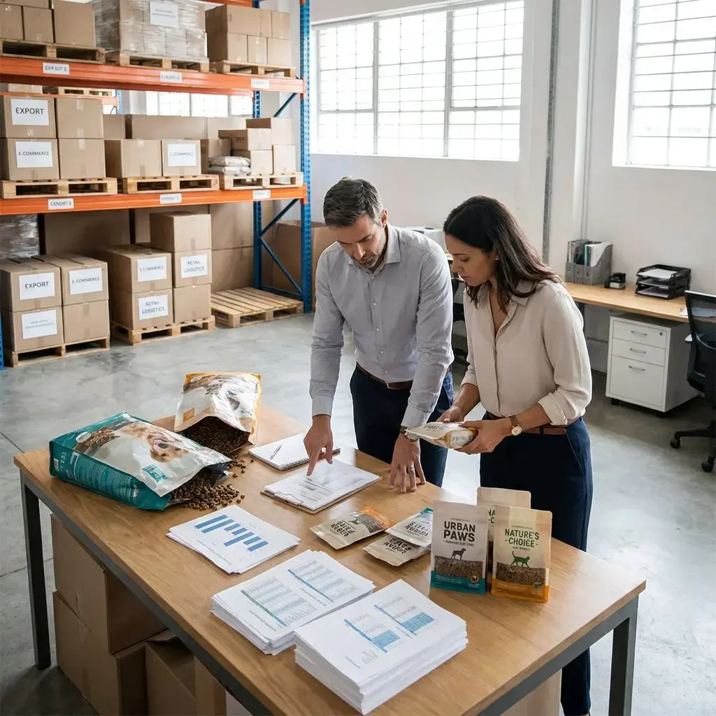 Two professionals reviewing pet food packaging, documents, and sales data in a warehouse.