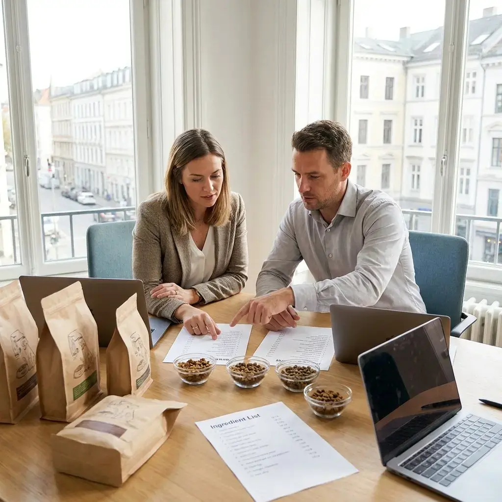  Two pet food industry professionals reviewing ingredient specifications and kibble samples during a pet food product development meeting.