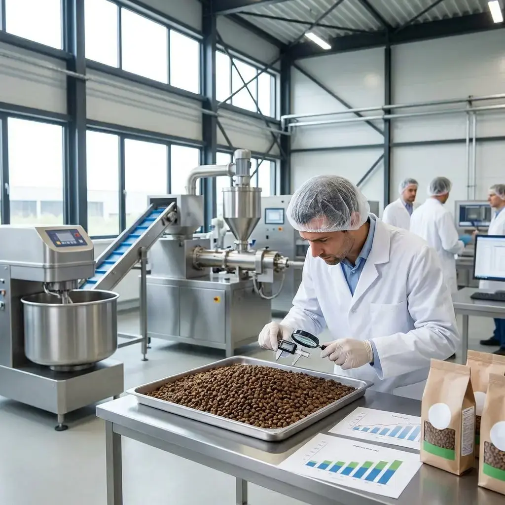 Pet food pilot production and quality testing in a food manufacturing facility