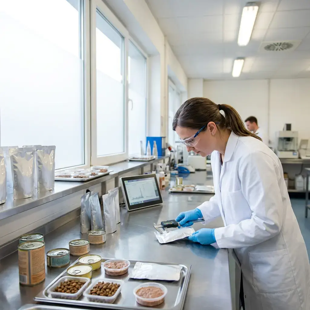 Food scientist testing packaged food products in a laboratory using digital measurement equipment.