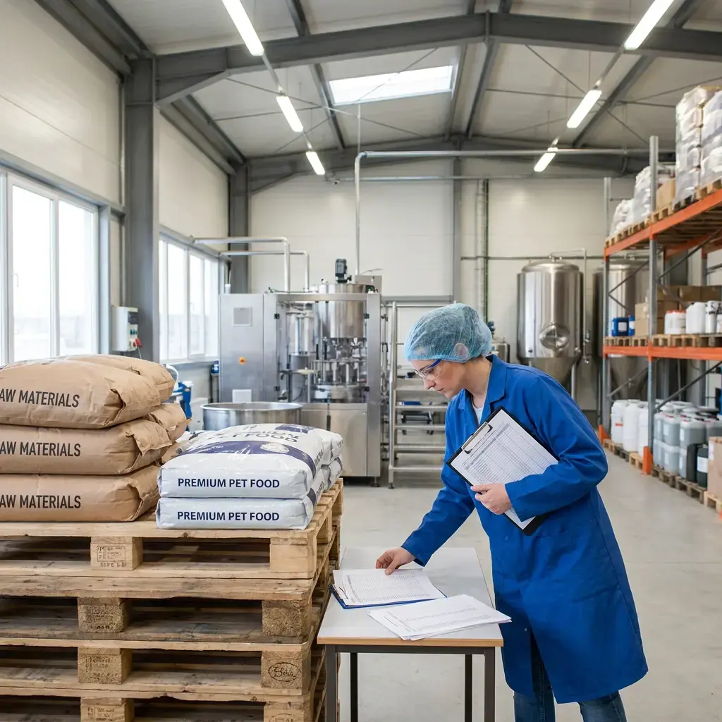 uality control in a pet food production facility, with premium pet food bags and raw materials on pallets.