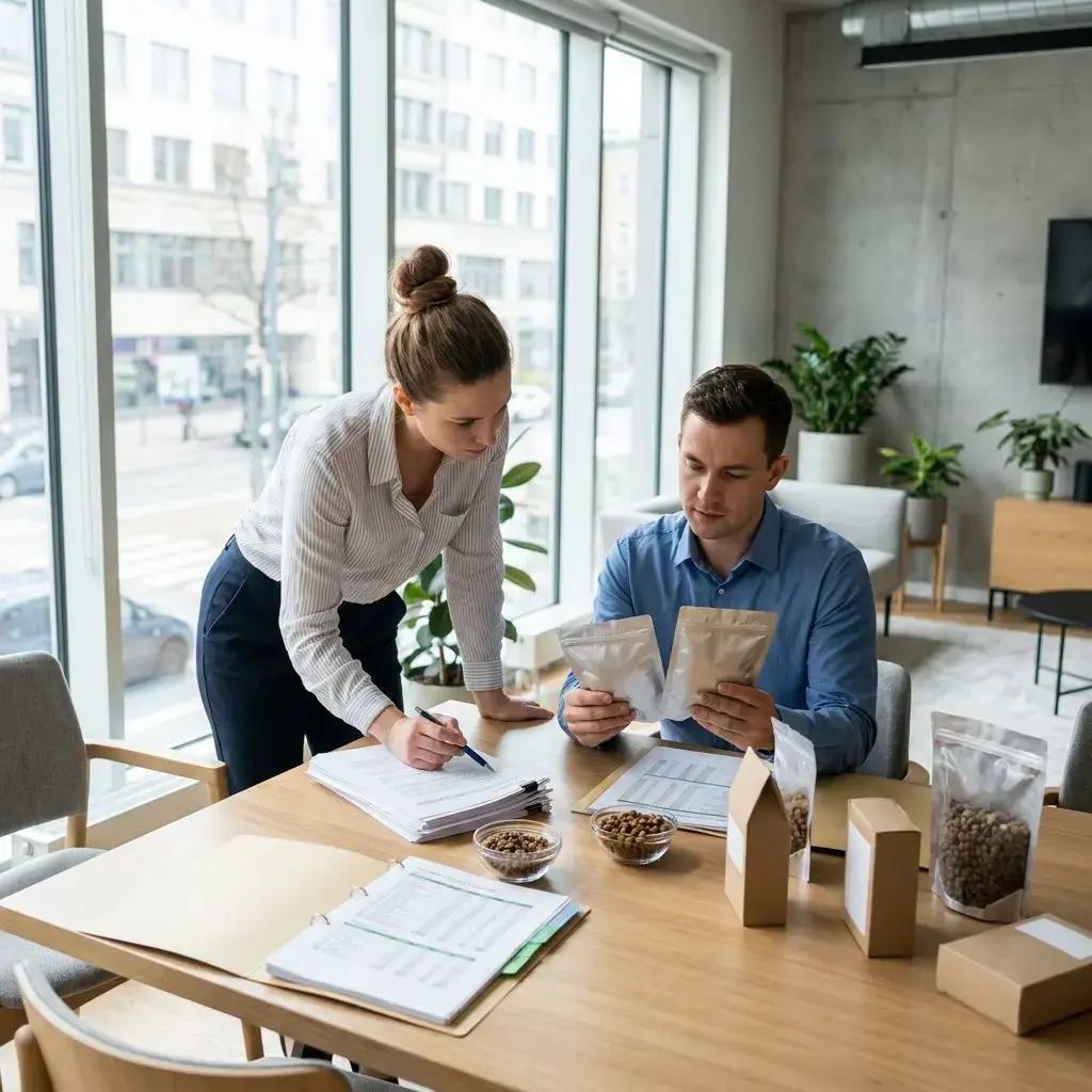 Two professionals reviewing pet food packaging samples and product documentation during a private label pet food development meeting.