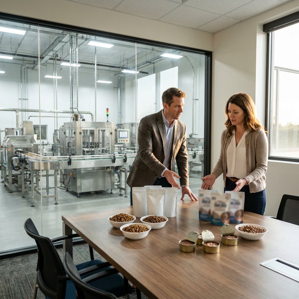 Pet food professionals reviewing product samples in a manufacturing facility
